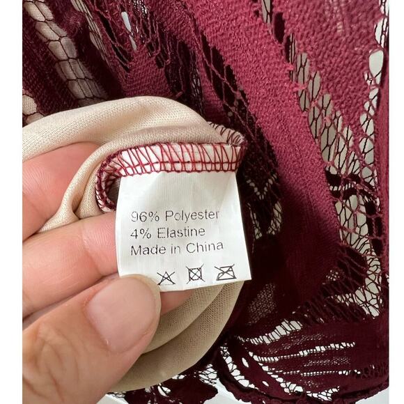 Kasamysoul Woman's Lace Embroidered Cranberry See Thru Lining Flowy Dress Medium - Picture 5 of 13